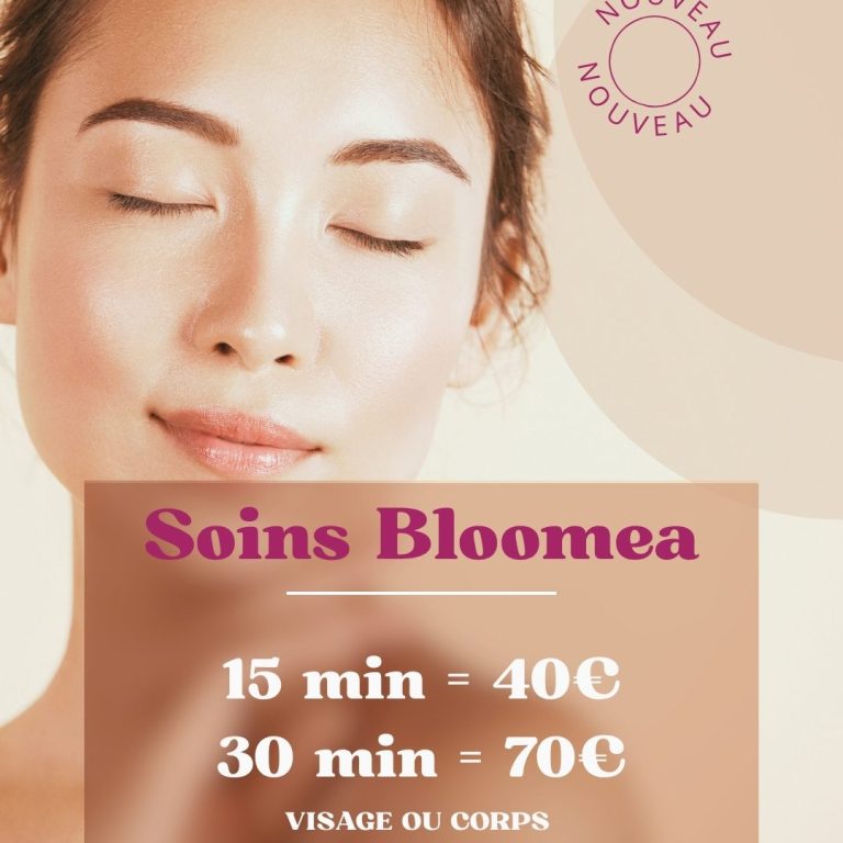 Femme apaisée, présentant une offre de soins Bloomea avec prix et durées.