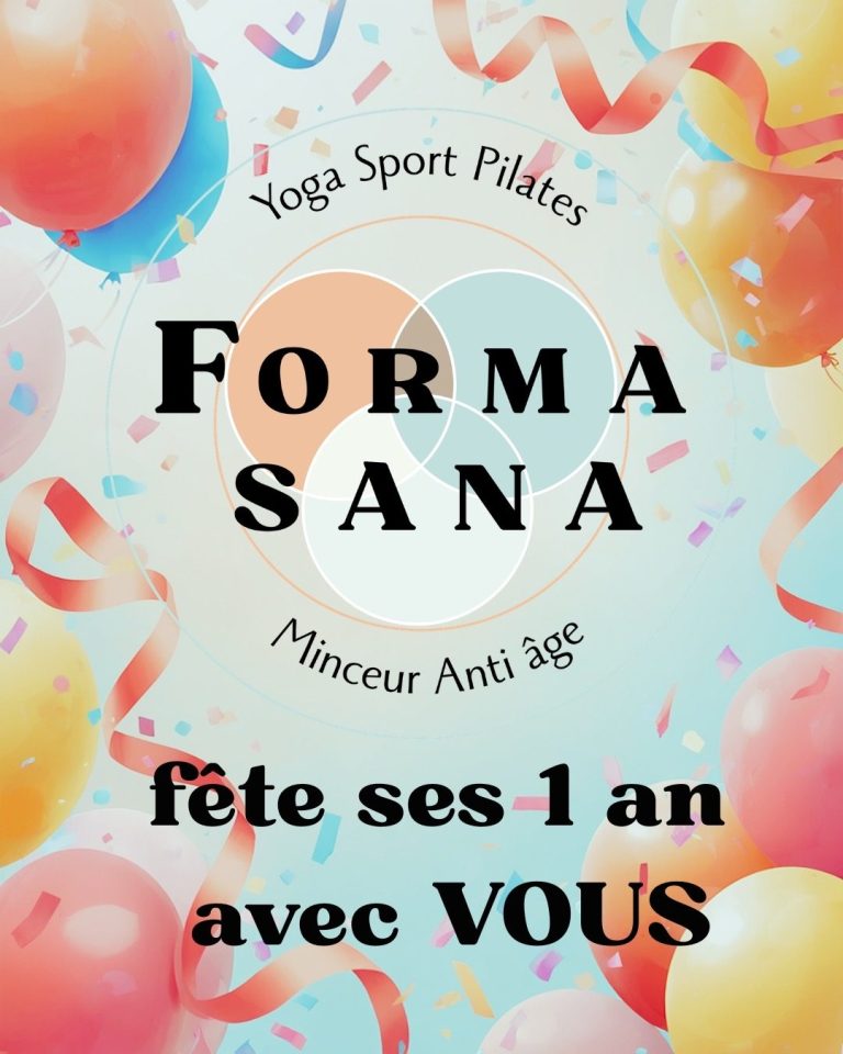 anniversaire de Forma Sana, avec des ballons et des confettis colorés.
